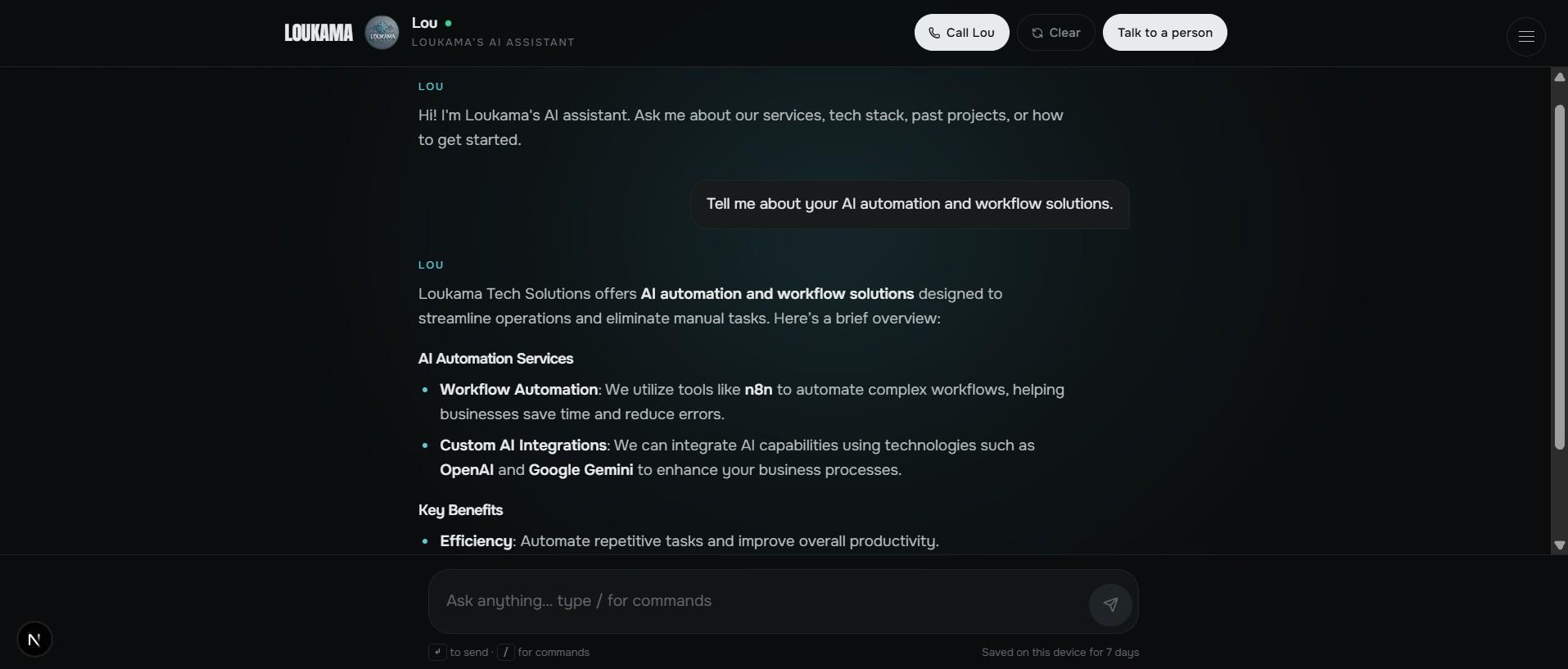 Lou, Loukama's AI agent, giving a detailed answer about Loukama's AI automation services