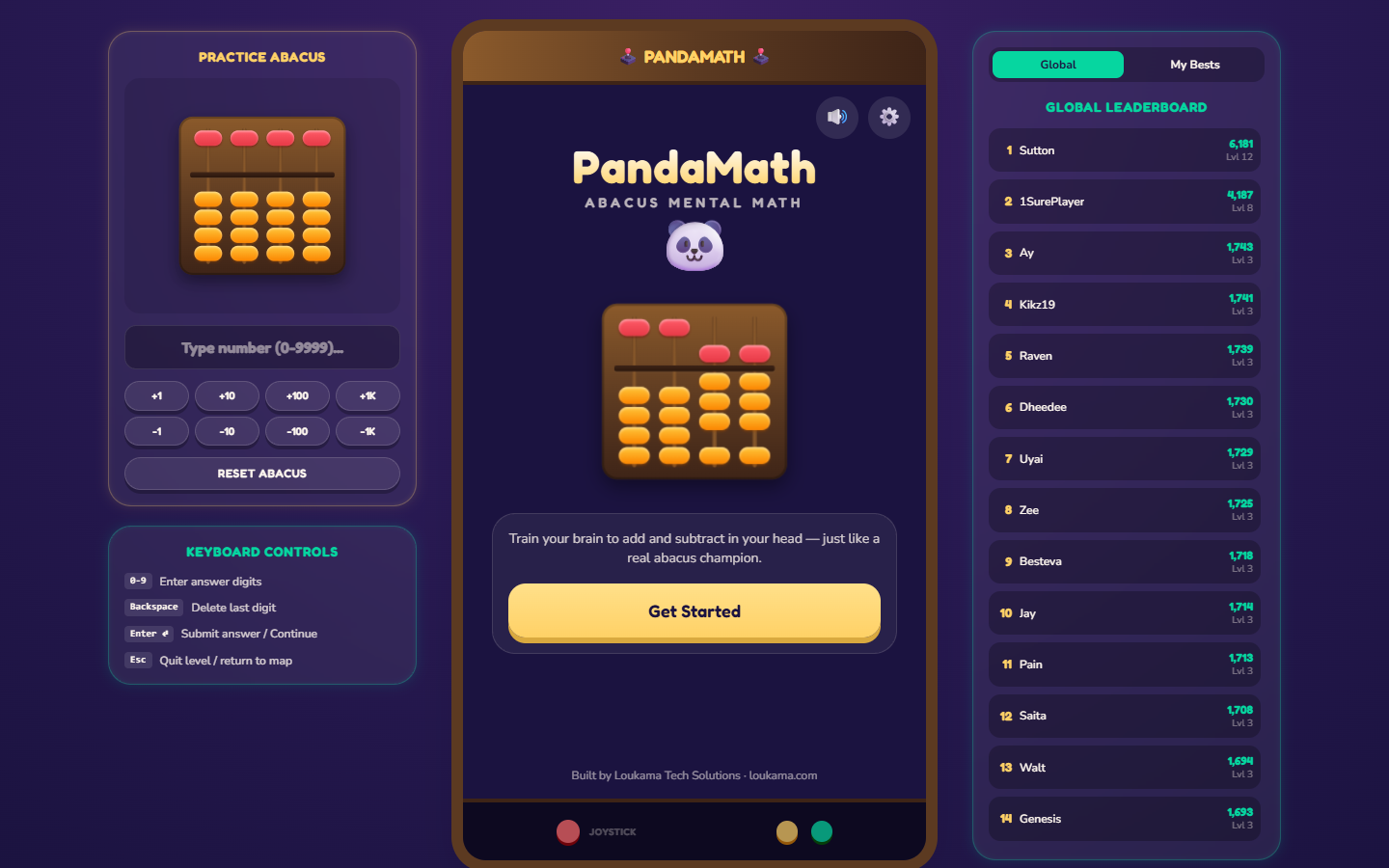 The PandaMath abacus maths game with its practice abacus and global leaderboard