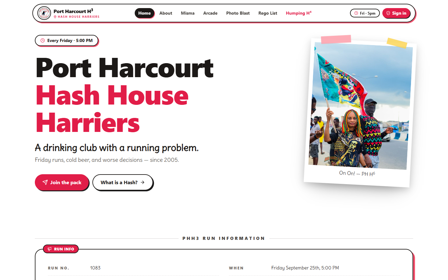The Port Harcourt Hash House Harriers website homepage