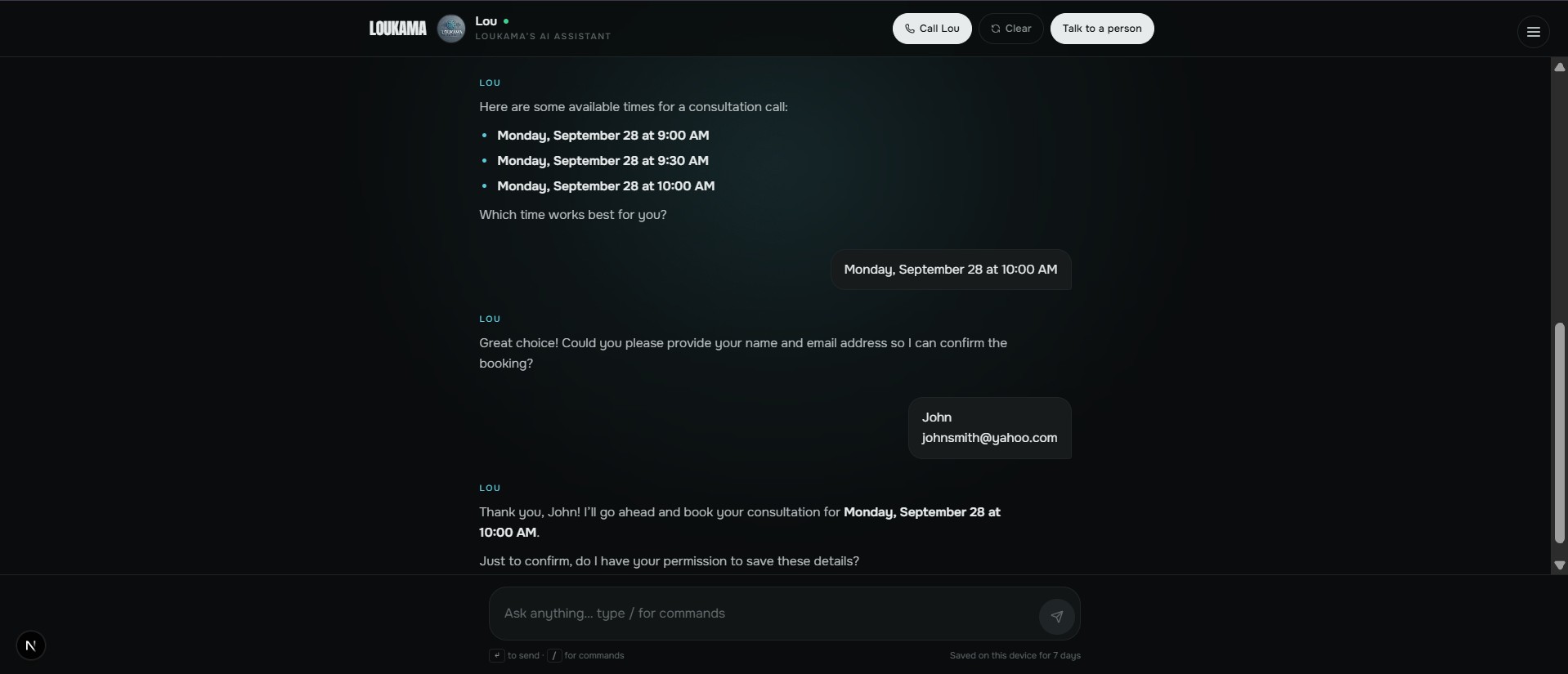Lou listing real, live consultation slots, then asking for a name and email and explicit permission before saving them
