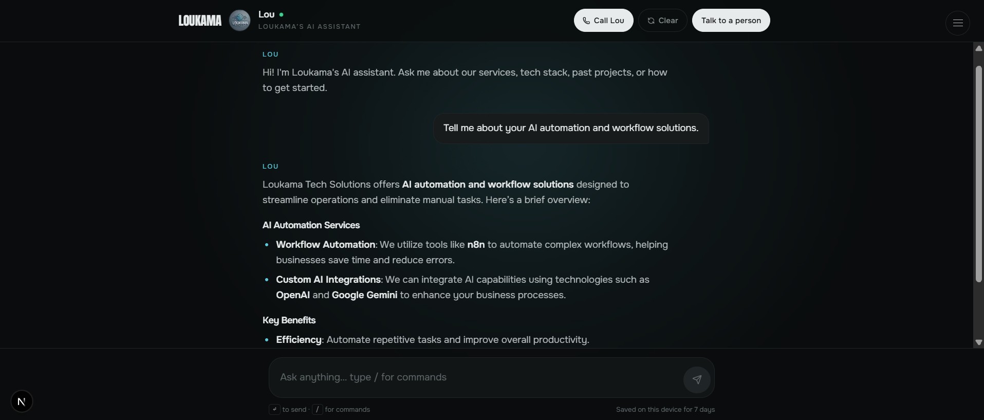 Lou answering a question about Loukama's AI automation and workflow solutions with a detailed, formatted reply